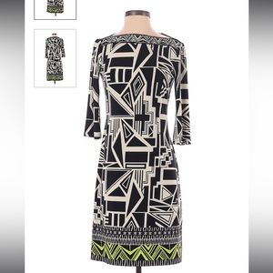 Donna Morgan long-sleeve black & white geometric pattern dress.
